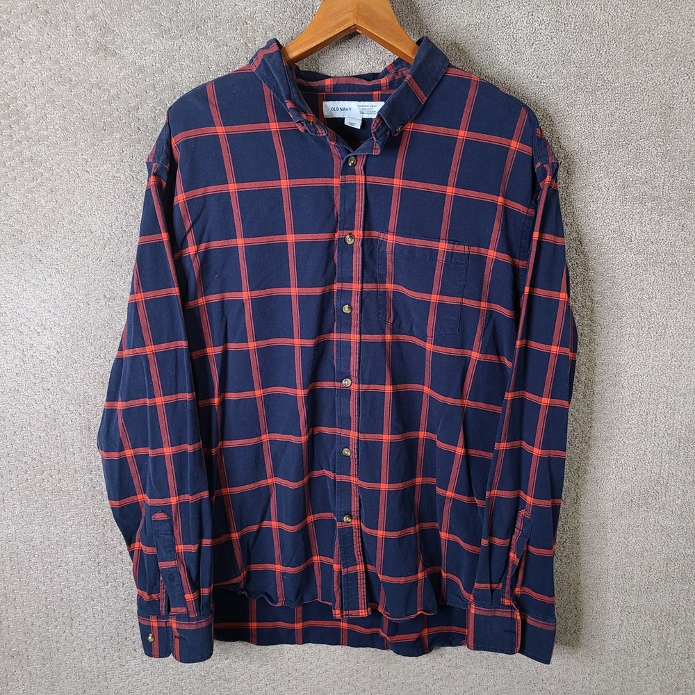 Old Navy Everyday Shirt Mens XXL Blue Orange Plaid Regular Fit Built-In Flex